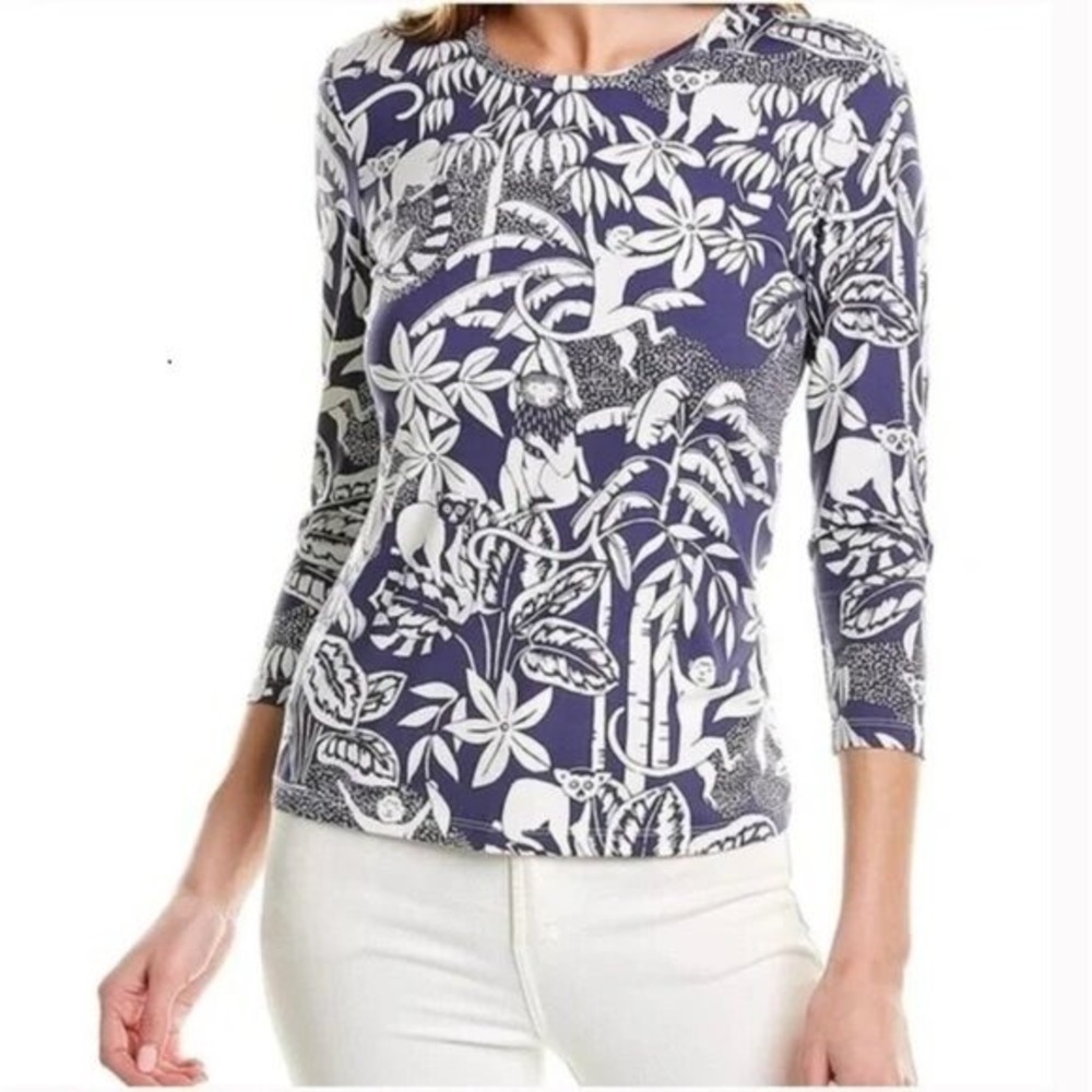 J. McLaughlin Signature Tee in Swinging Palm Size L Catalina Cloth Denim White